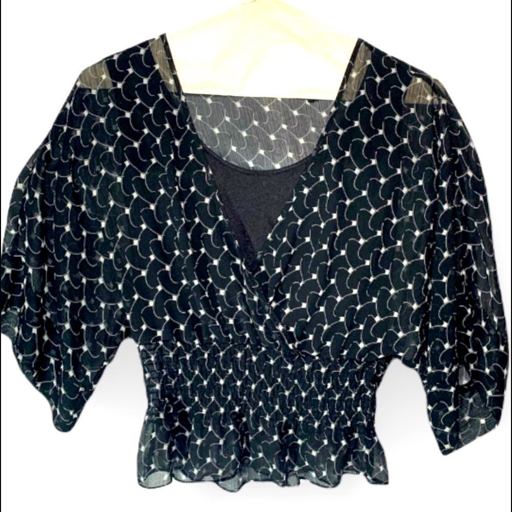 Apostrophe Black/White Sheer Blouse Top  S (A-076)